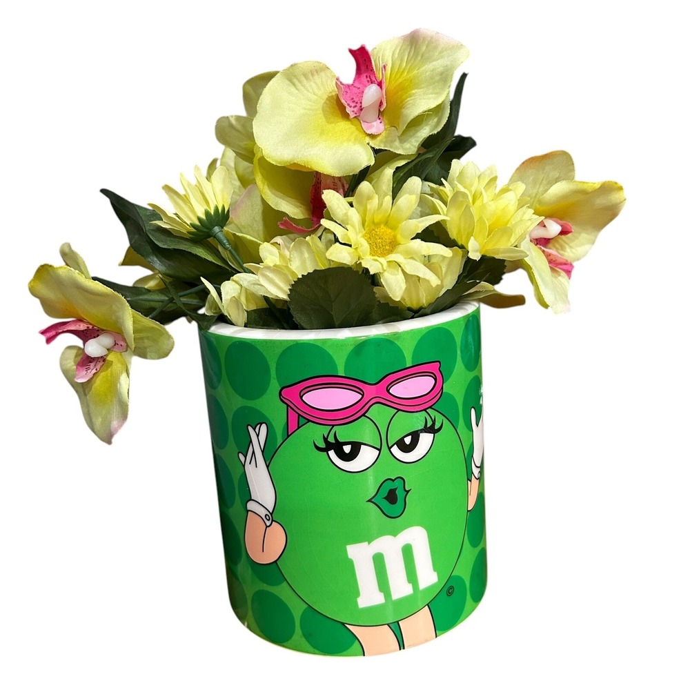 M&M VTG Ceramic Green Candy Jar/Canister/Planter Artificial Flowers Gift‎